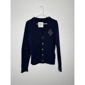 Abercrombie & Fitch NY Cardigan Sweater Women L Blue Wool Blend Knit Logo Preppy